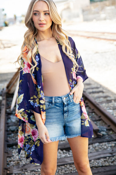 Navy Floral Print Chiffon Cover Up Kimono