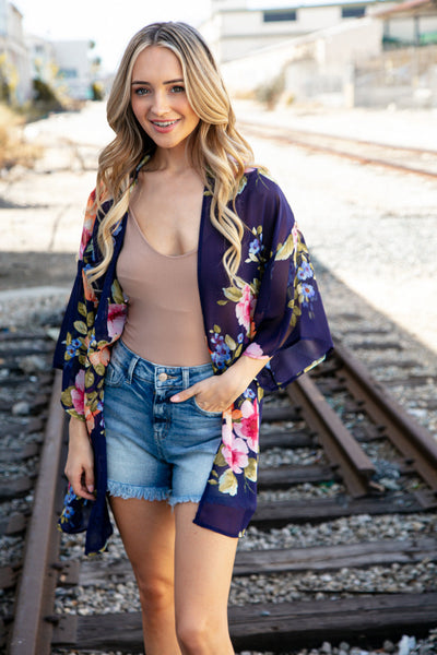 Navy Floral Print Chiffon Cover Up Kimono