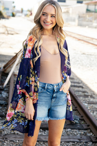 Navy Floral Print Chiffon Cover Up Kimono