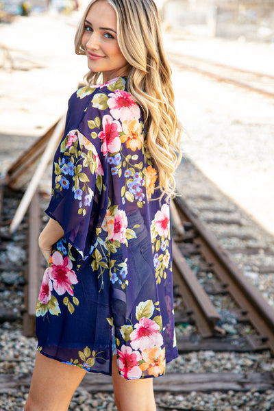 Navy Floral Print Chiffon Cover Up Kimono