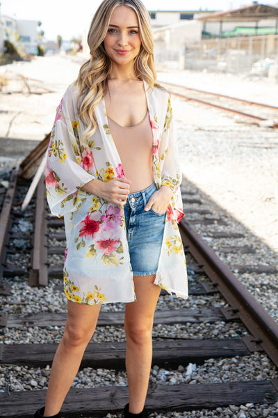 Ivory Floral Print Chiffon Cover Up Kimono