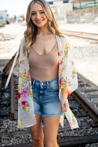 Ivory Floral Print Chiffon Cover Up Kimono