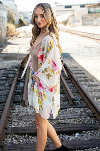 Ivory Floral Print Chiffon Cover Up Kimono