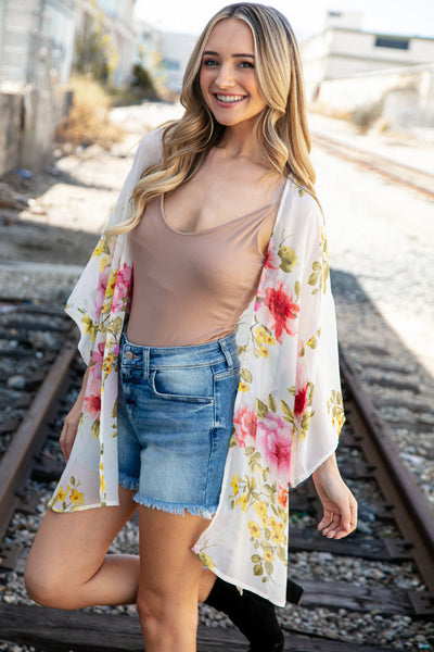 Ivory Floral Print Chiffon Cover Up Kimono