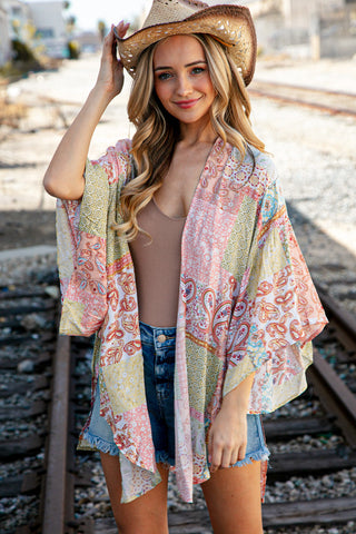 Patchwork Paisley Ruffle Bell Sleeve Cover Up Kimono