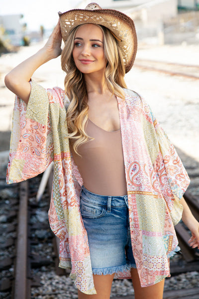 Patchwork Paisley Ruffle Bell Sleeve Cover Up Kimono