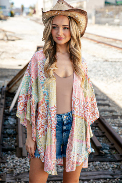 Patchwork Paisley Ruffle Bell Sleeve Cover Up Kimono