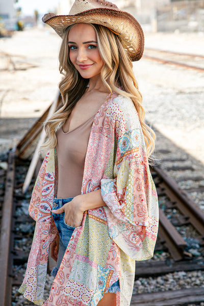 Patchwork Paisley Ruffle Bell Sleeve Cover Up Kimono