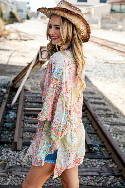 Patchwork Paisley Ruffle Bell Sleeve Cover Up Kimono