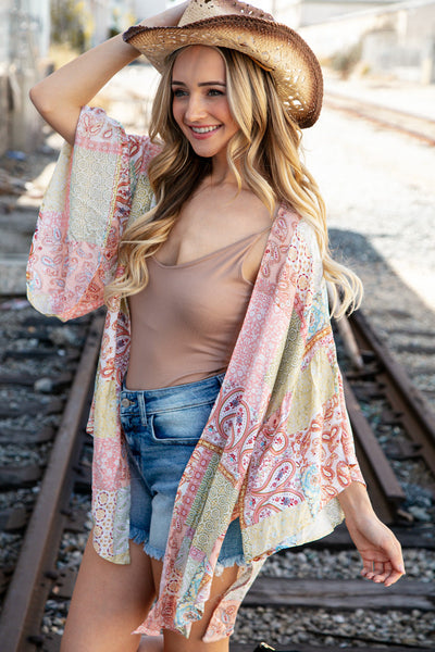 Patchwork Paisley Ruffle Bell Sleeve Cover Up Kimono