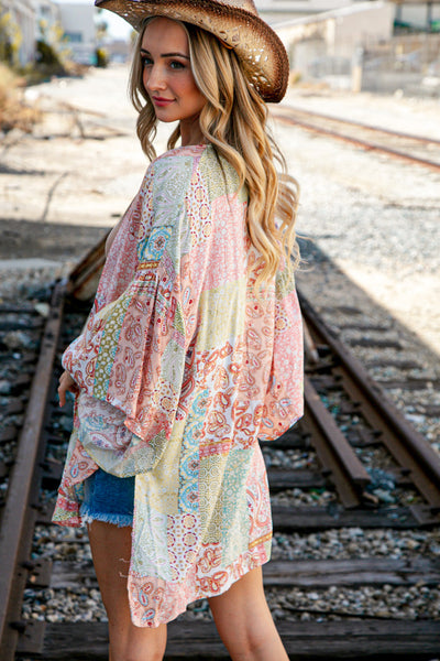 Patchwork Paisley Ruffle Bell Sleeve Cover Up Kimono