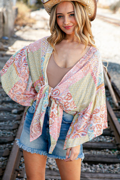 Patchwork Paisley Ruffle Bell Sleeve Cover Up Kimono