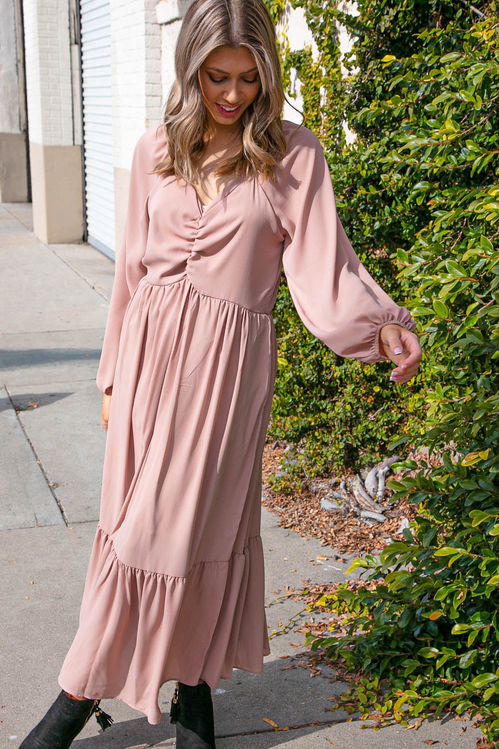 Dusty Rose Wool Dobby Shirred Detail Maxi Dress