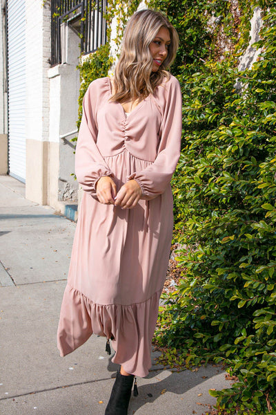 Dusty Rose Wool Dobby Shirred Detail Maxi Dress