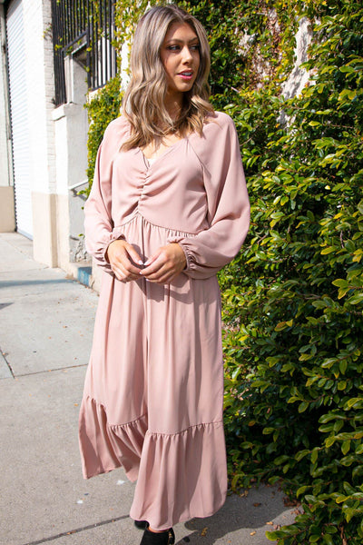 Dusty Rose Wool Dobby Shirred Detail Maxi Dress