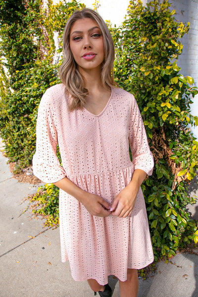 Blush V Neck Lined Eyelet Knit Fit & Flare Dress