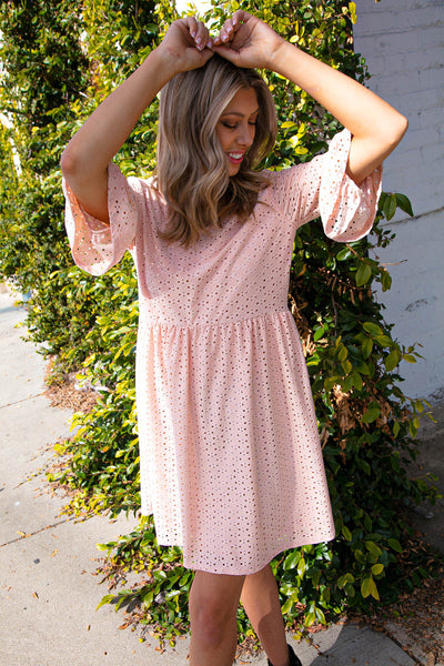 Blush V Neck Lined Eyelet Knit Fit & Flare Dress