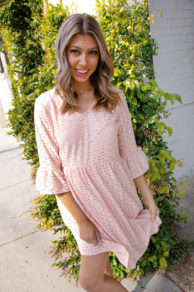 Blush V Neck Lined Eyelet Knit Fit & Flare Dress