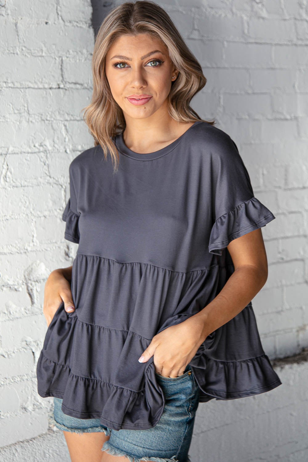 Cement Ruffle Frill Short Sleeve Swing Knit Top