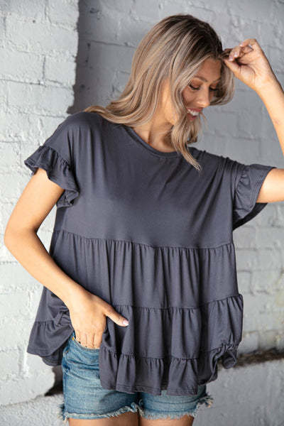 Cement Ruffle Frill Short Sleeve Swing Knit Top