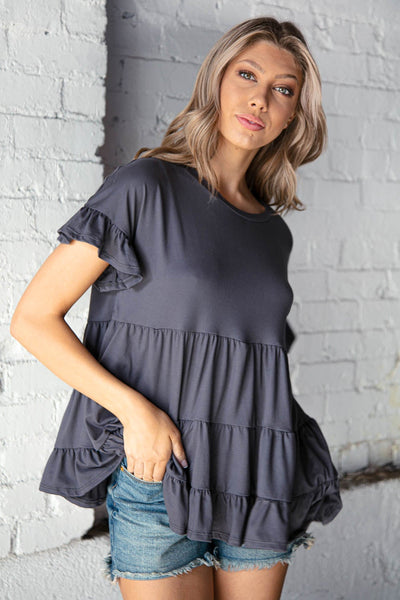 Cement Ruffle Frill Short Sleeve Swing Knit Top