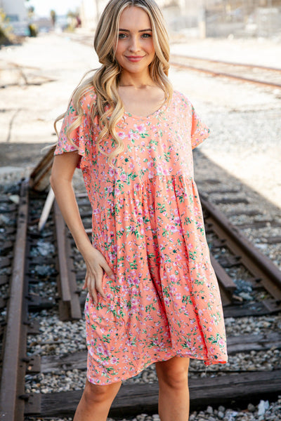 Peach Floral Wide V Neck Floral Tiered Pocketed Dress