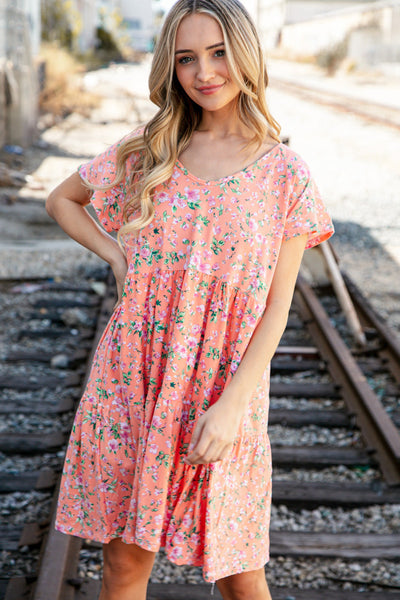 Peach Floral Wide V Neck Floral Tiered Pocketed Dress