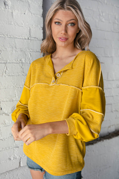 Sunflower Button Placket Out Seam Stitch Detail Top