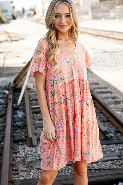 Peach Floral Wide V Neck Floral Tiered Pocketed Dress