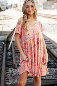 Peach Floral Wide V Neck Floral Tiered Pocketed Dress