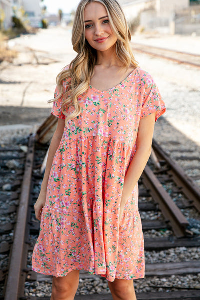 Peach Floral Wide V Neck Floral Tiered Pocketed Dress