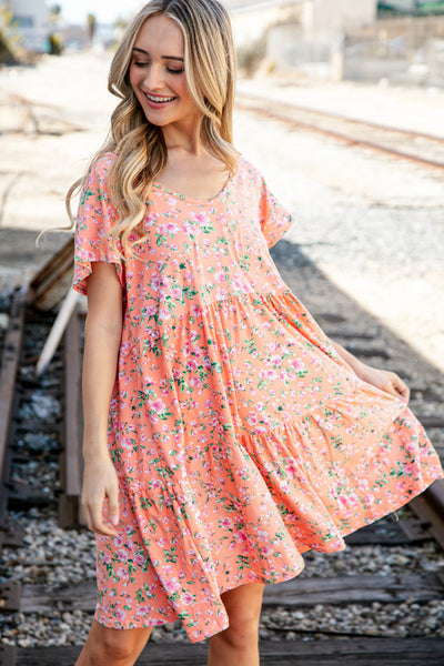 Peach Floral Wide V Neck Floral Tiered Pocketed Dress