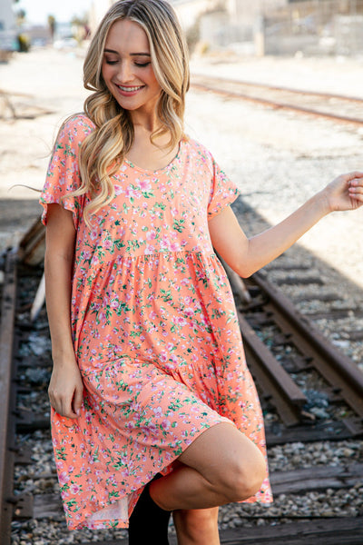 Peach Floral Wide V Neck Floral Tiered Pocketed Dress