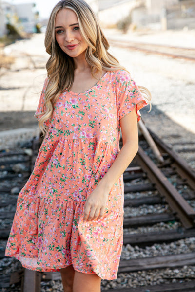 Peach Floral Wide V Neck Floral Tiered Pocketed Dress