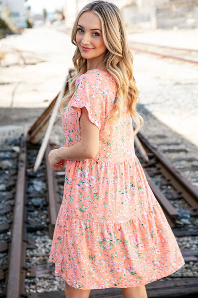 Peach Floral Wide V Neck Floral Tiered Pocketed Dress