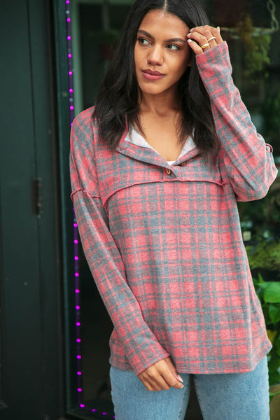 Red Brushed Hacci Plaid Out Seam Button Down Top