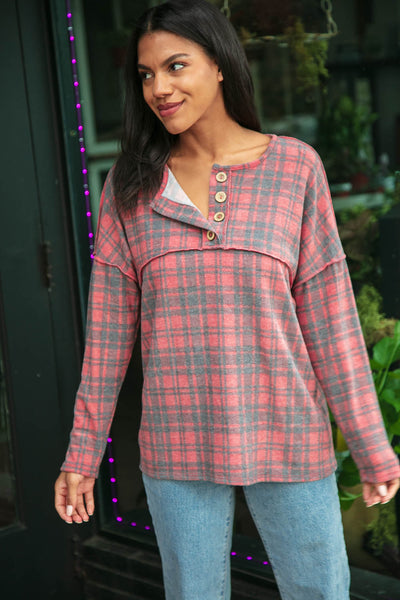 Red Brushed Hacci Plaid Out Seam Button Down Top