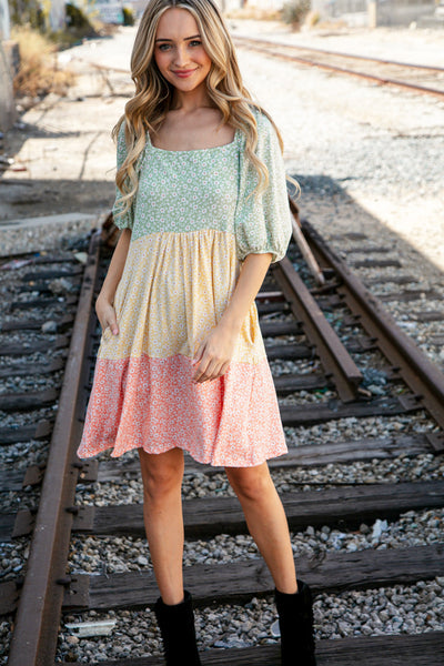 Sage Puff Elbow Sleeve Floral Color Block Tiered Dress