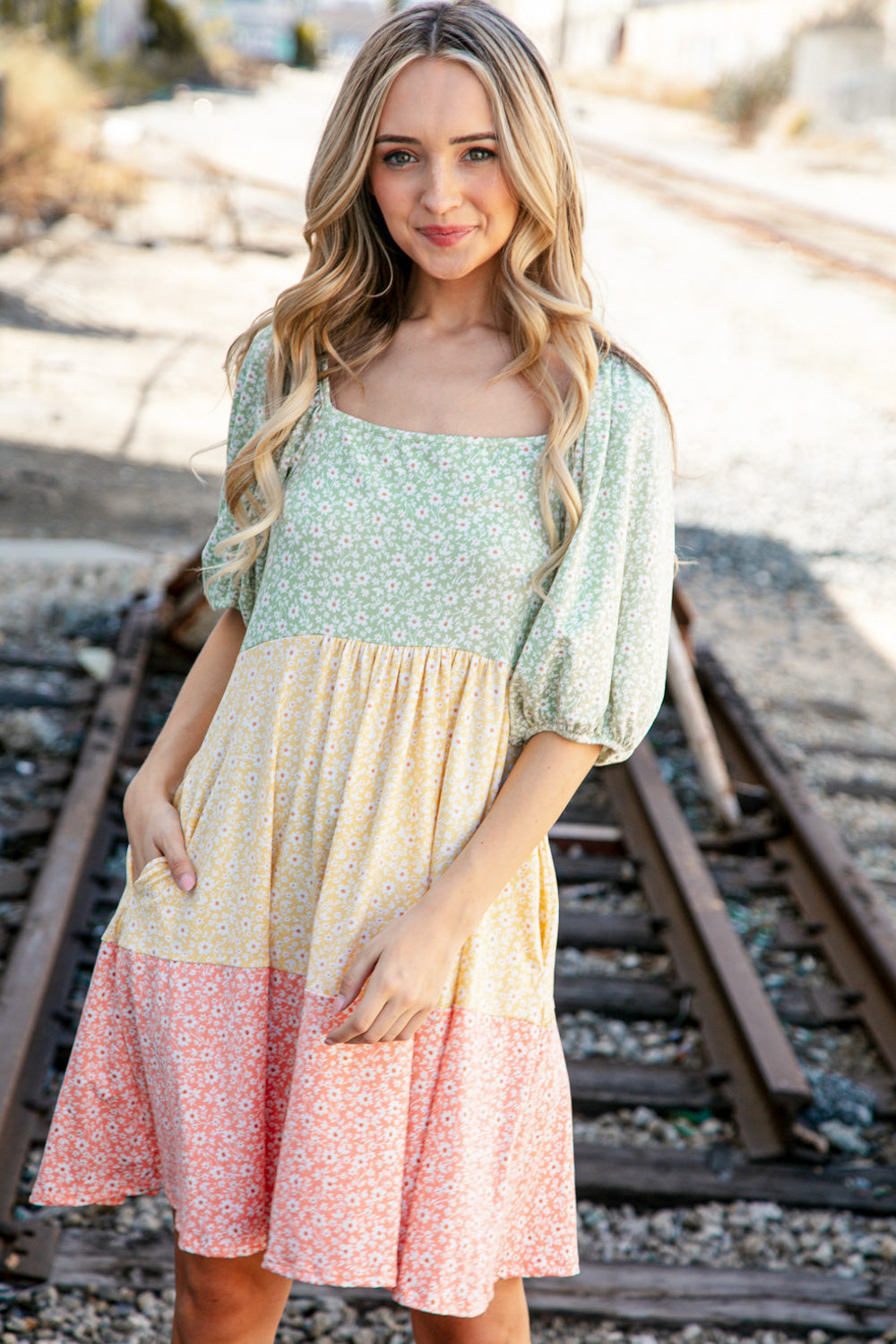 Sage Puff Elbow Sleeve Floral Color Block Tiered Dress