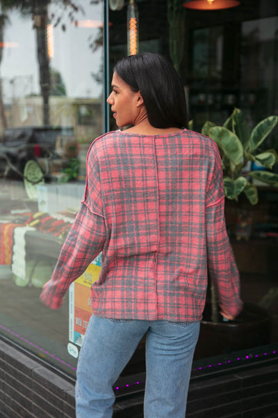 Red Brushed Hacci Plaid Out Seam Button Down Top