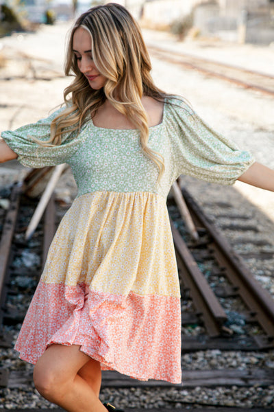 Sage Puff Elbow Sleeve Floral Color Block Tiered Dress