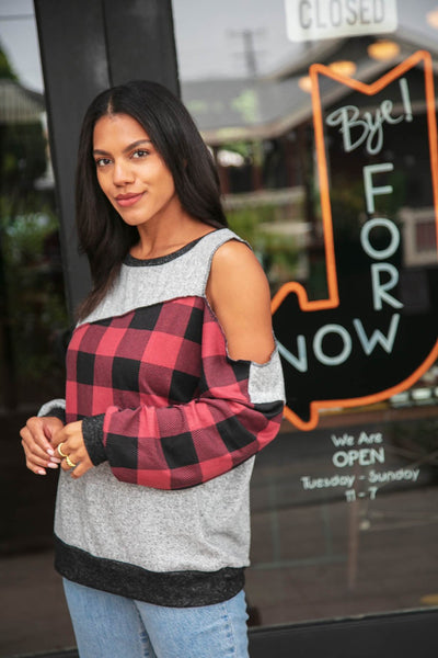 Buffalo Plaid Asymmetrical Cut Out Shoulder Top