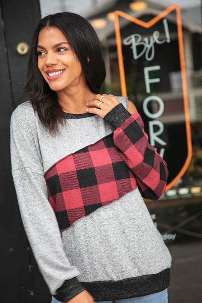 Buffalo Plaid Asymmetrical Cut Out Shoulder Top