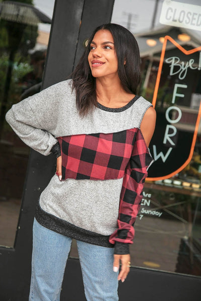 Buffalo Plaid Asymmetrical Cut Out Shoulder Top