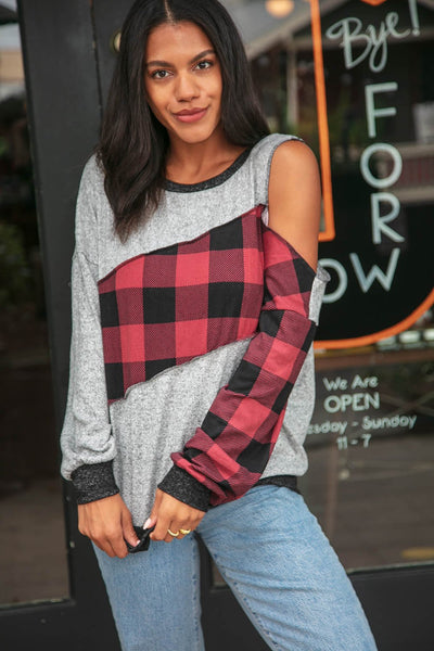 Buffalo Plaid Asymmetrical Cut Out Shoulder Top