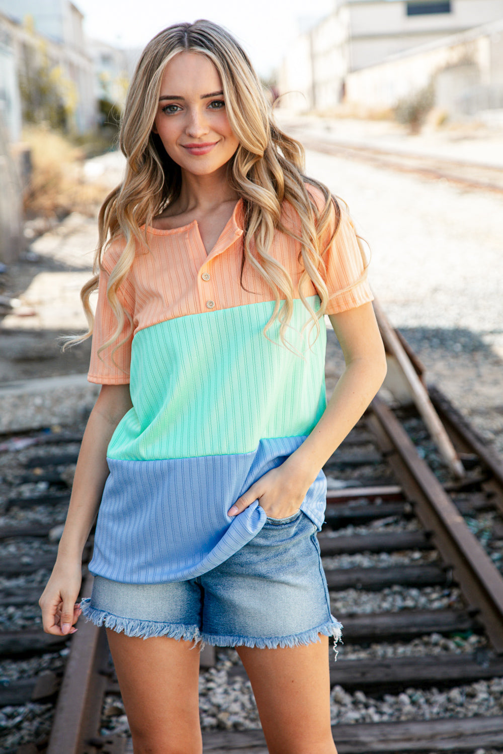 Peach/Mint Button Pointelle Rib Color Block Top