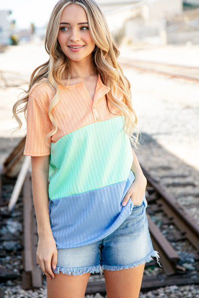 Peach/Mint Button Pointelle Rib Color Block Top