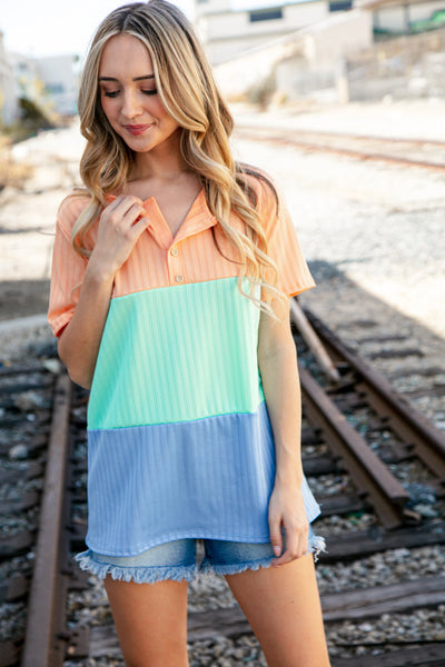 Peach/Mint Button Pointelle Rib Color Block Top