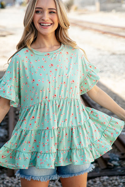 Sage Ditzy Floral Ruffle Sleeve Tiered Swing Top