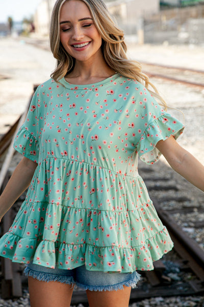 Sage Ditzy Floral Ruffle Sleeve Tiered Swing Top